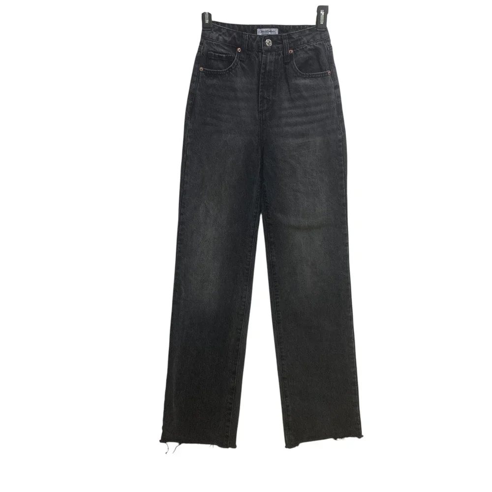 Juicy Couture Lunita Black Wash Denim Jeans High Rise Wide Leg‎ Raw Hem Size 24